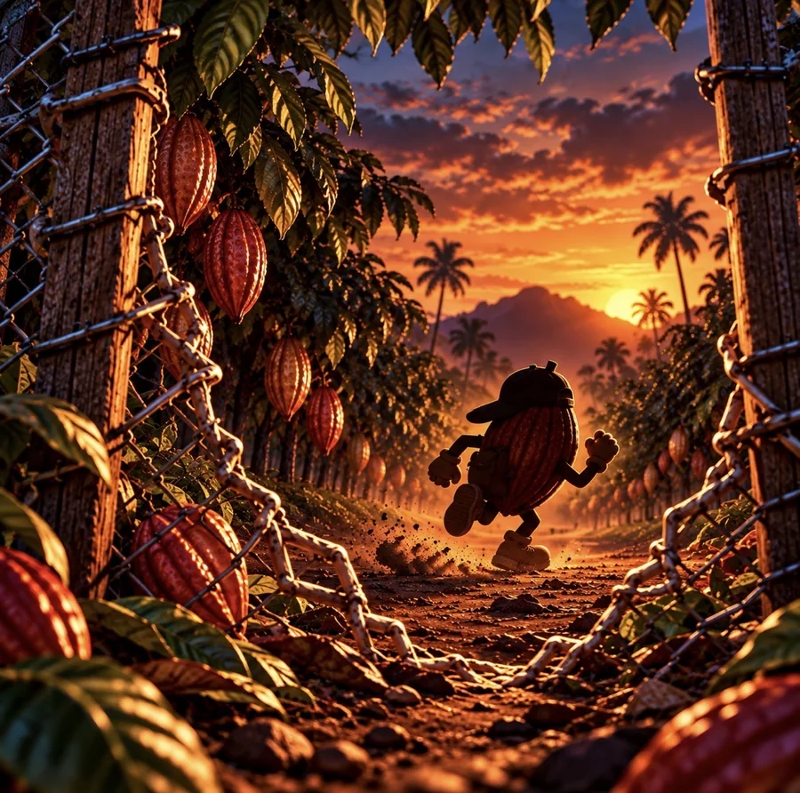 Chocoloko saindo da plantação ao pôr do sol